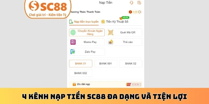 4 kênh nạp tiền SC88 đa dạng và tiện lợi