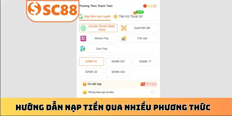 Hướng dẫn nạp tiền qua nhiều phương thức